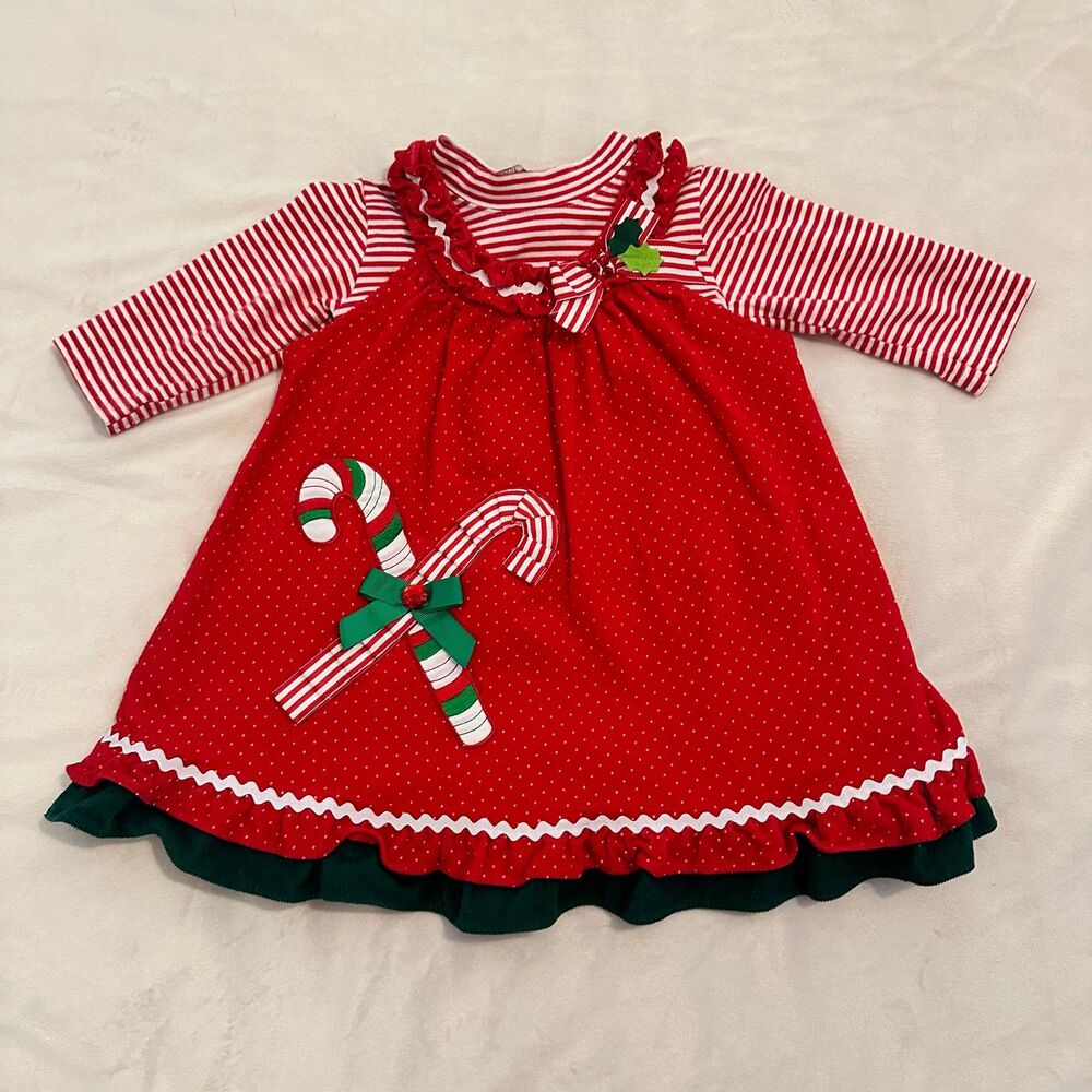 Rare Editions Girl's 18 Months Red Christmas Candy Cane Jumper Dress Corduroy